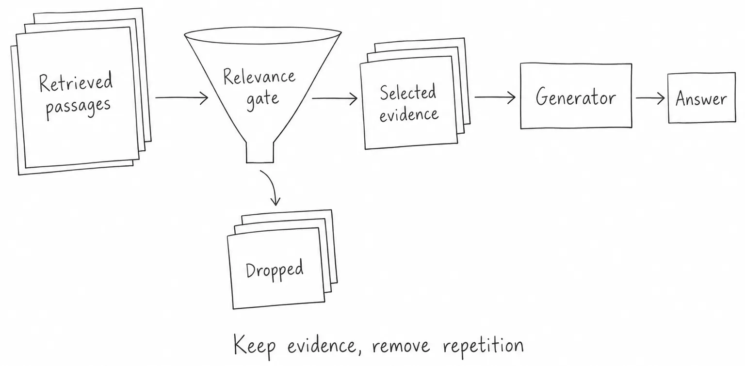 Simple pencil sketch of retrieved passages passing through a relevance gate, with selected evidence sent to the generator and unused passages dropped