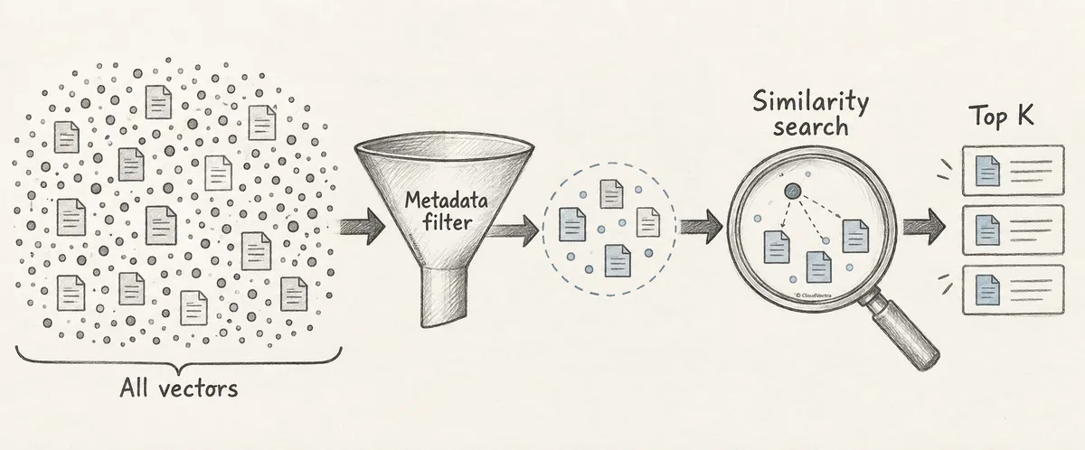 Pencil sketch showing all vectors passing through a metadata filter before similarity search returns the top K results