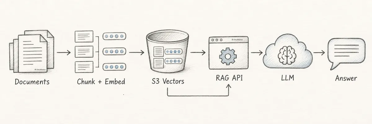 Pencil sketch of documents flowing through chunking and embedding into S3 Vectors, a RAG API, an LLM, and an answer