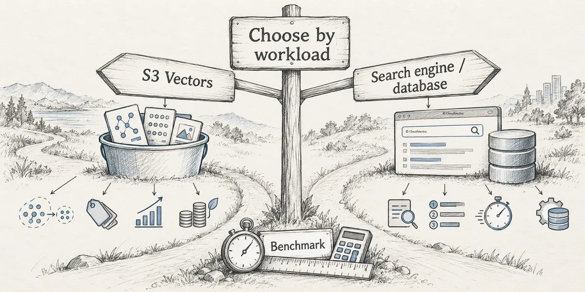 Pencil sketch of a signpost directing workloads toward either S3 Vectors or a search engine and database, with a benchmark at the decision point